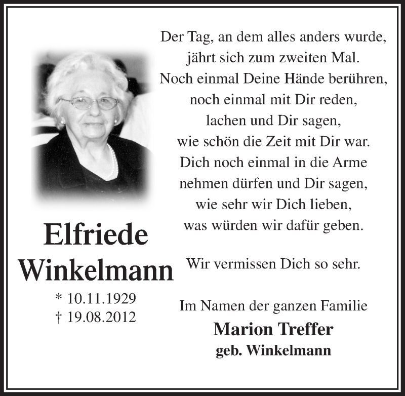  Traueranzeige für Elfriede Winkelmann vom 16.08.2014 aus  Bergisches Sonntagsblatt 