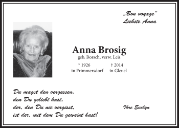 Anzeige von Anna Brosig von  Sonntags-Post 