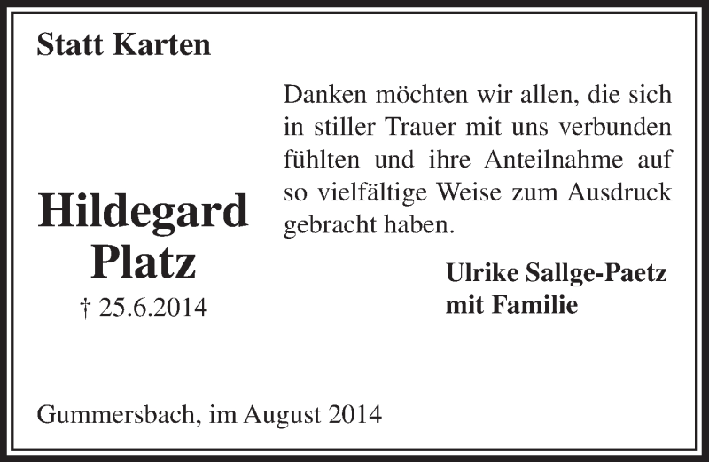  Traueranzeige für Hildegard Platz vom 20.08.2014 aus  Anzeigen Echo 