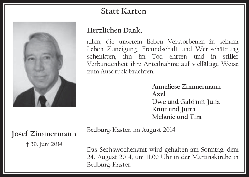  Traueranzeige für Josef Zimmermann vom 20.08.2014 aus  Werbepost 