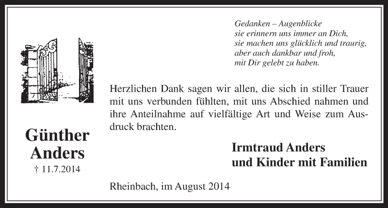  Traueranzeige für Günther Anders vom 20.08.2014 aus  Schaufenster/Blickpunkt 