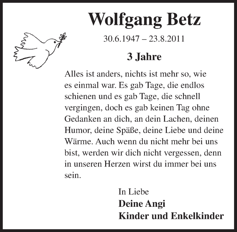  Traueranzeige für Wolfgang Betz vom 20.08.2014 aus  Anzeigen Echo 