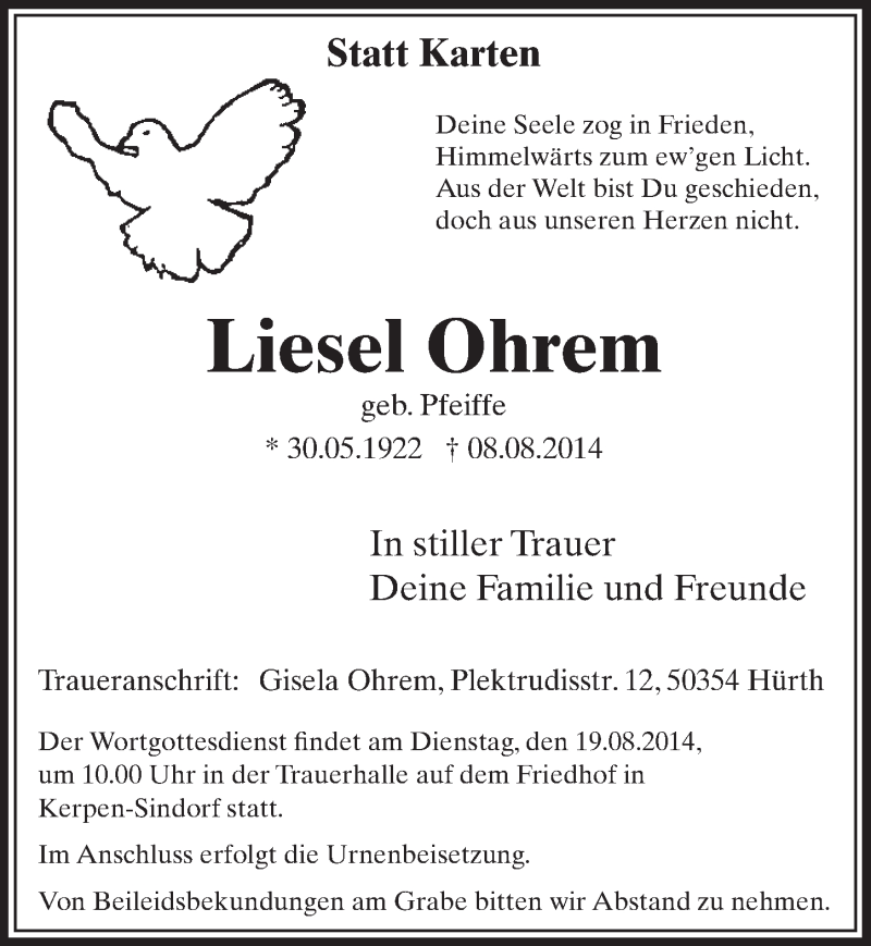  Traueranzeige für Liesel Ohrem vom 16.08.2014 aus  Sonntags-Post 