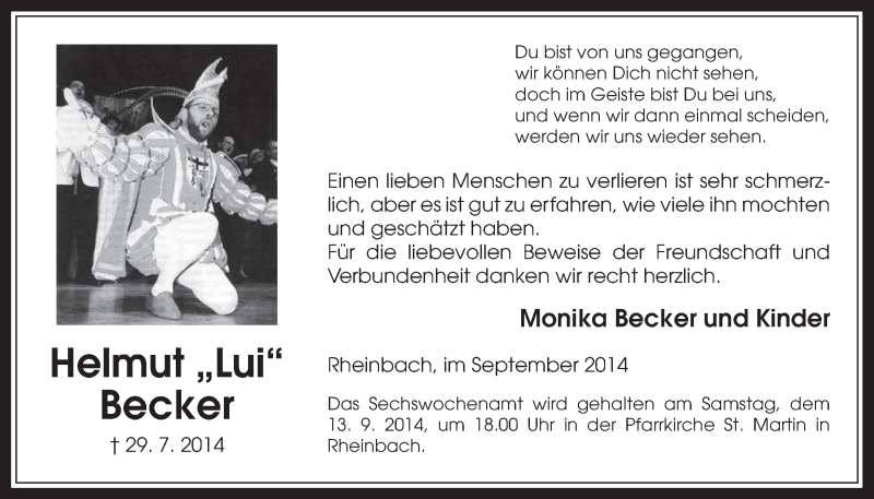  Traueranzeige für Helmut  Becker vom 10.09.2014 aus  Schaufenster/Blickpunkt 