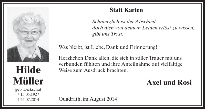  Traueranzeige für Hilde Müller vom 16.08.2014 aus  Sonntags-Post 