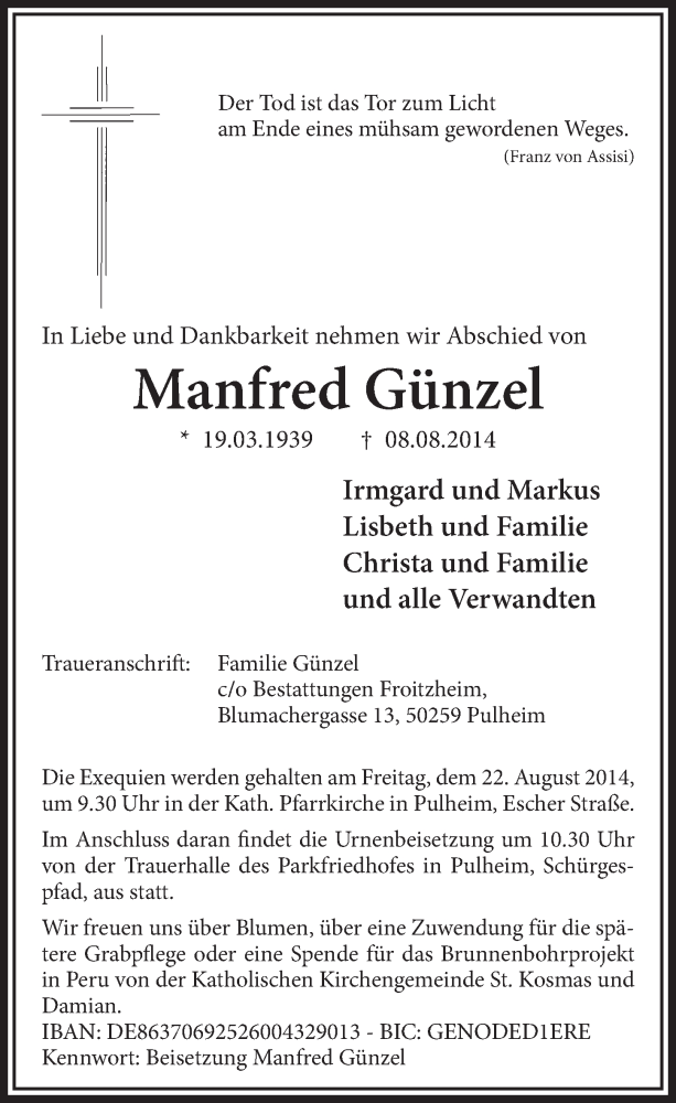  Traueranzeige für Manfred Günzel vom 16.08.2014 aus  Sonntags-Post 