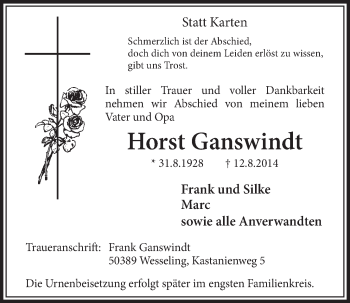 Anzeige von Horst Ganswindt von  Schlossbote/Werbekurier 