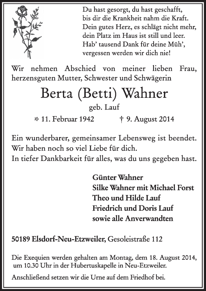  Traueranzeige für Berta Wahner vom 16.08.2014 aus  Sonntags-Post 