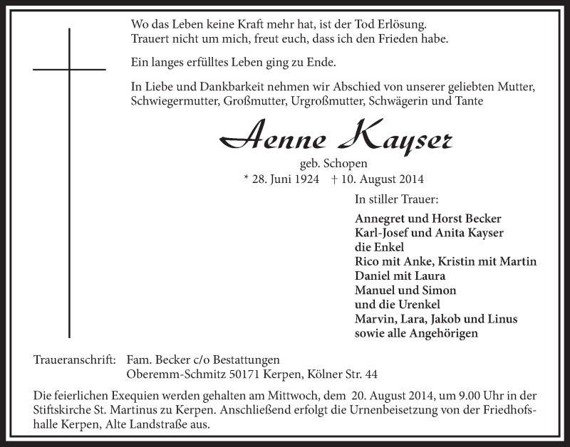  Traueranzeige für Aenne Kayser vom 16.08.2014 aus  Sonntags-Post 