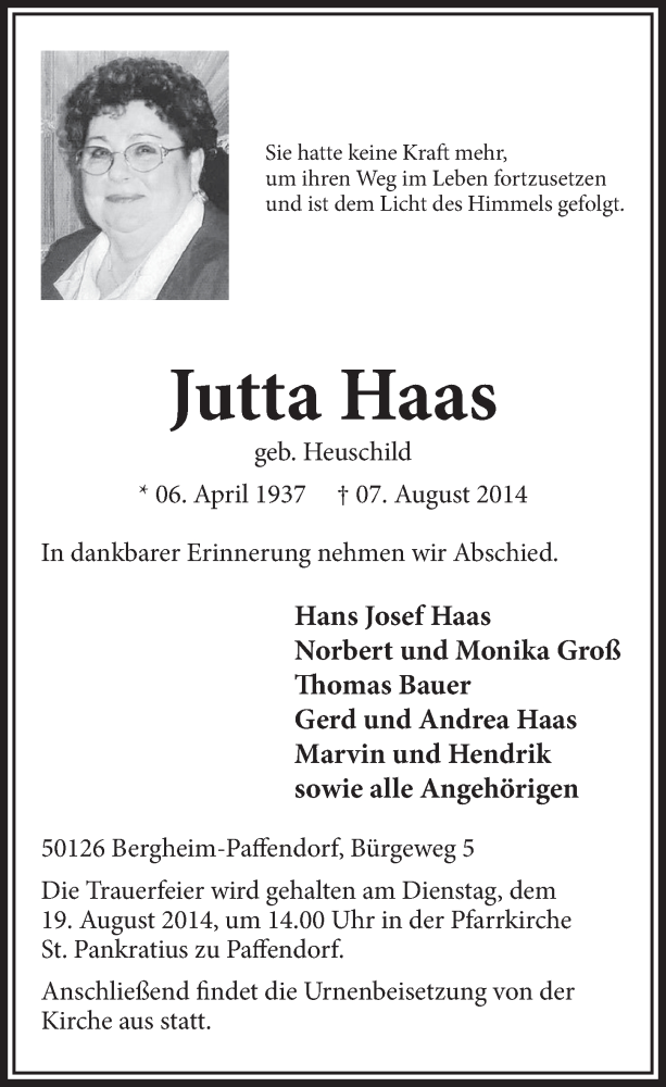  Traueranzeige für Jutta Haas vom 16.08.2014 aus  Sonntags-Post 