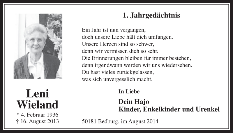  Traueranzeige für Leni Wieland vom 16.08.2014 aus  Sonntags-Post 