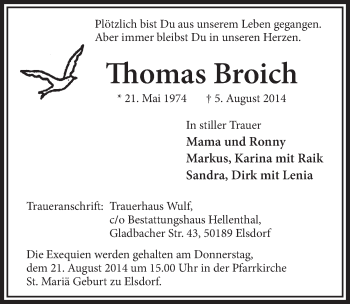 Anzeige von Thomas Broich von  Sonntags-Post 