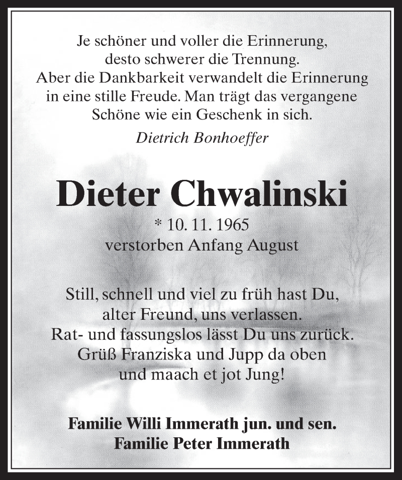  Traueranzeige für Dieter Chwalinski vom 20.08.2014 aus  Werbepost 