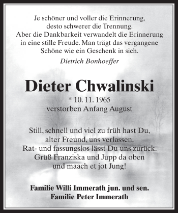 Anzeige von Dieter Chwalinski von  Werbepost 