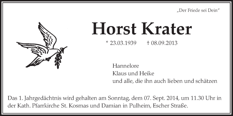  Traueranzeige für Horst Krater vom 30.08.2014 aus  Sonntags-Post 