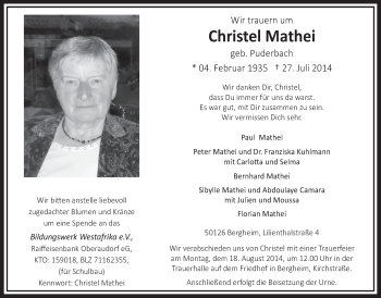 Anzeige von Christel Mathei von  Sonntags-Post 