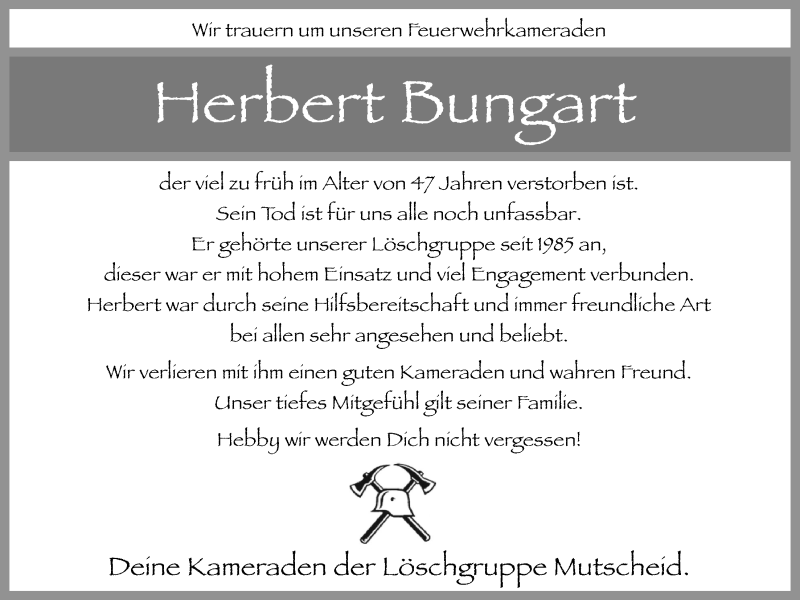  Traueranzeige für Herbert Bungart vom 17.08.2014 aus  Blickpunkt Euskirchen 