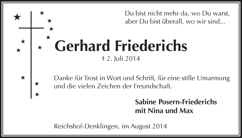  Traueranzeige für Gerhard Friederichs vom 20.08.2014 aus  Lokalanzeiger 