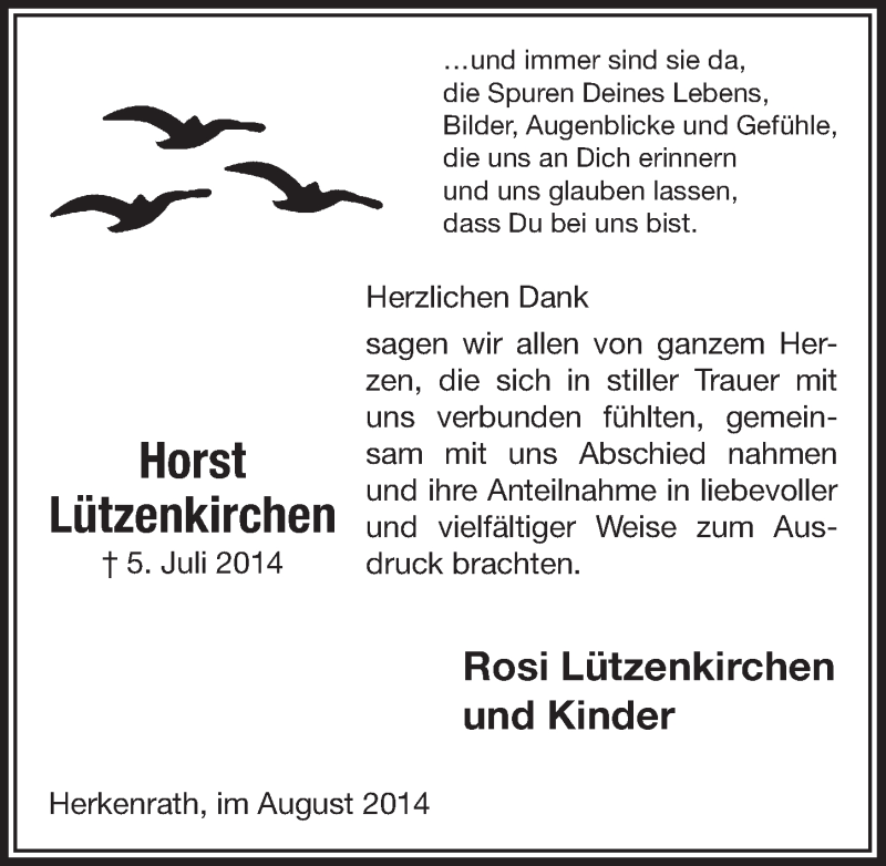  Traueranzeige für Horst Lützenkirchen vom 20.08.2014 aus  Bergisches Handelsblatt 
