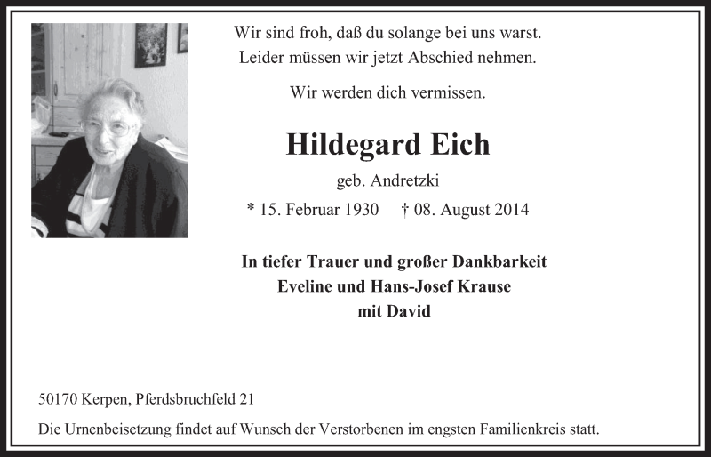  Traueranzeige für Hildegard Eich vom 16.08.2014 aus  Sonntags-Post 
