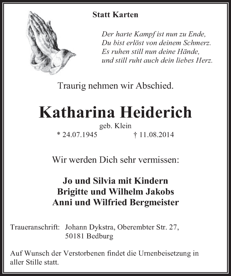  Traueranzeige für Katharina Heiderich vom 20.08.2014 aus  Werbepost 