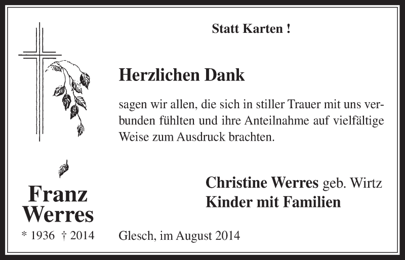  Traueranzeige für Franz Werres vom 20.08.2014 aus  Werbepost 