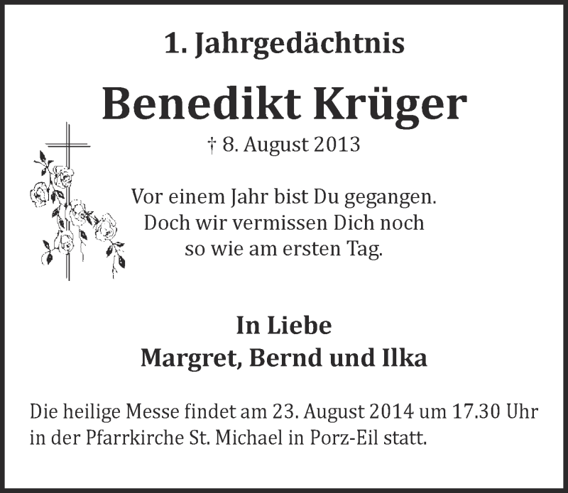  Traueranzeige für Benedikt Krüger vom 20.08.2014 aus  Kölner Wochenspiegel 