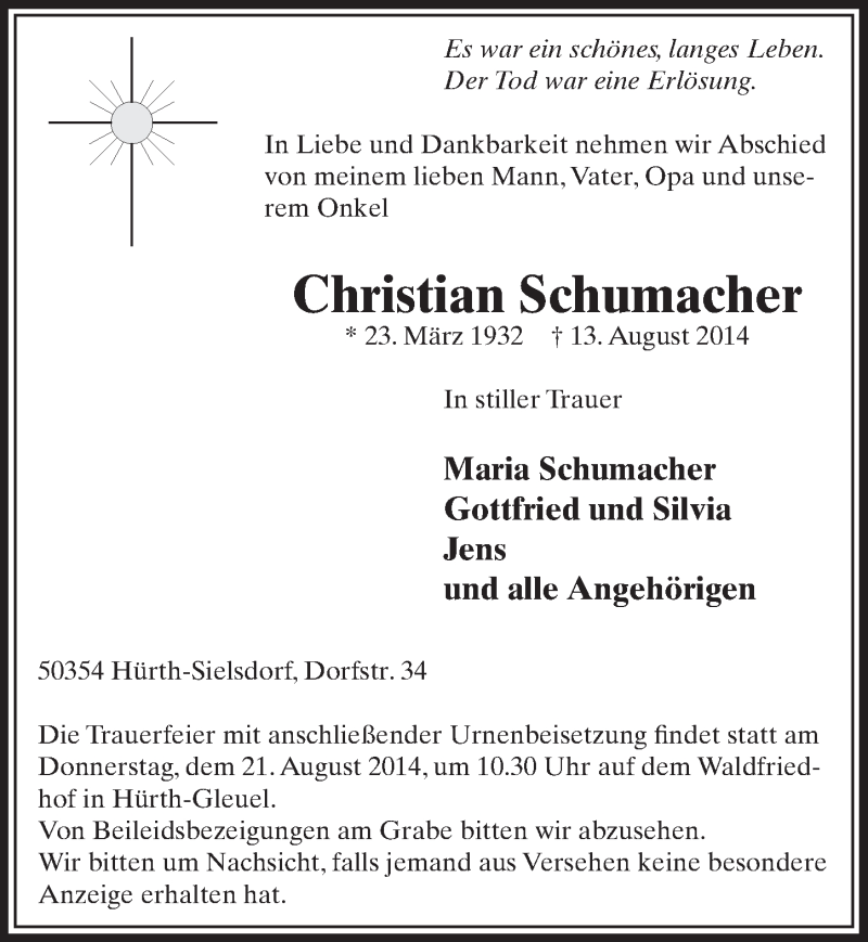  Traueranzeige für Christian Schumacher vom 16.08.2014 aus  Sonntags-Post 