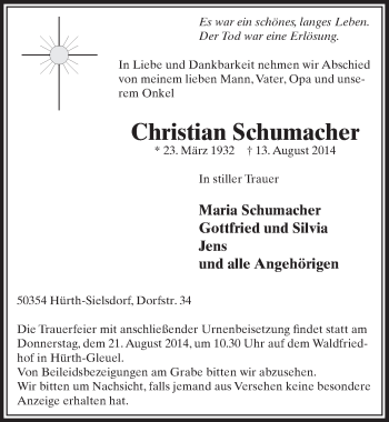 Anzeige von Christian Schumacher von  Sonntags-Post 