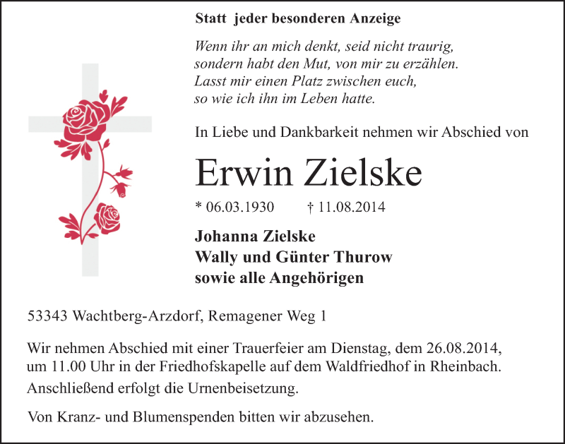  Traueranzeige für Erwin Zielske vom 20.08.2014 aus  Schaufenster/Blickpunkt 