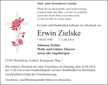Anzeige von Erwin Zielske von  Schaufenster/Blickpunkt 