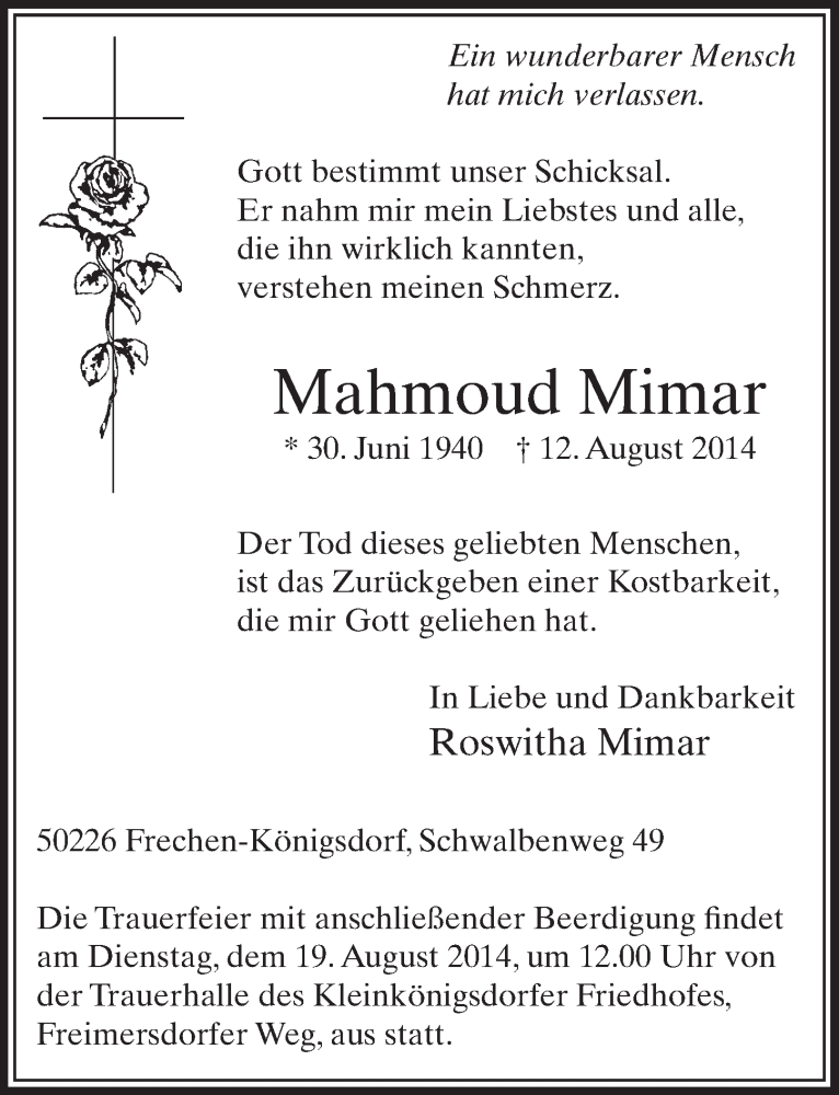  Traueranzeige für Mahmoud Mimar vom 16.08.2014 aus  Sonntags-Post 