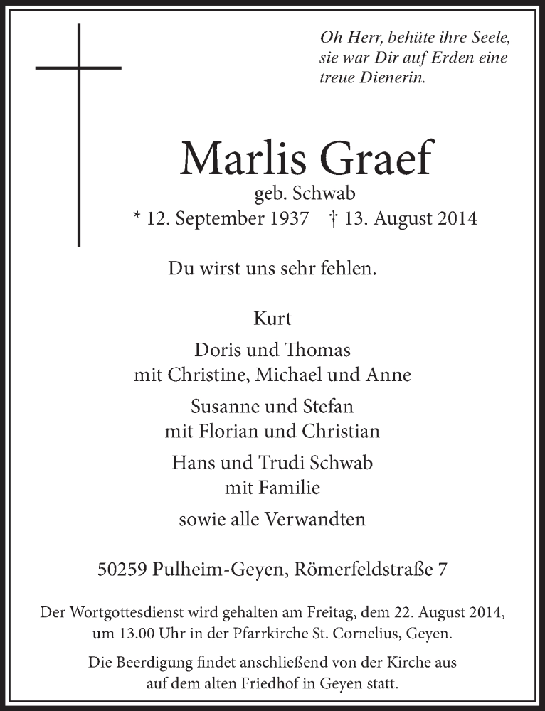  Traueranzeige für Marlis Graef vom 16.08.2014 aus  Sonntags-Post 