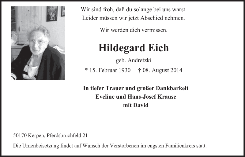  Traueranzeige für Hildegard Eich vom 20.08.2014 aus  Werbepost 