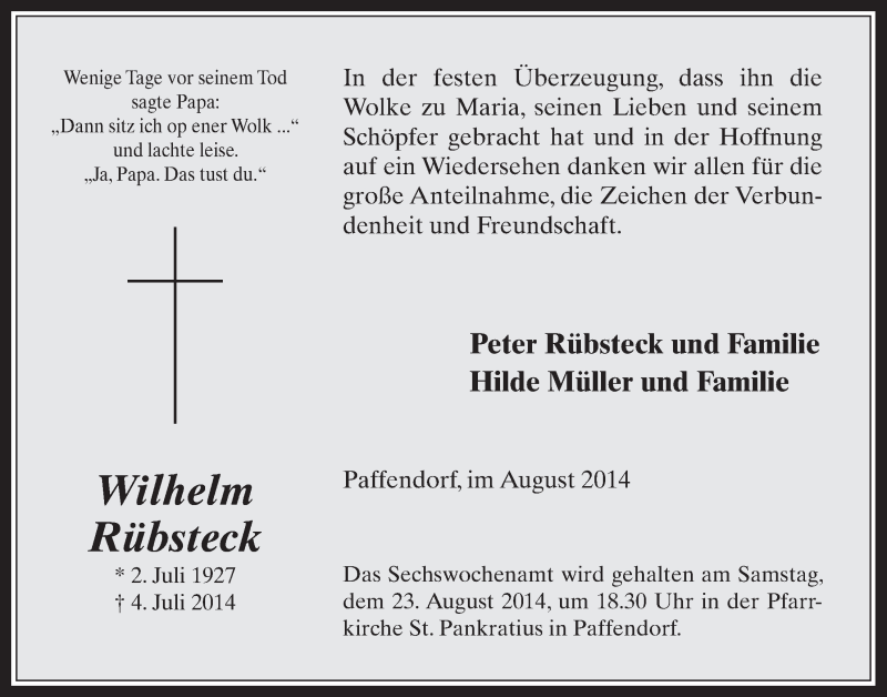  Traueranzeige für Wilhelm Rübsteck vom 20.08.2014 aus  Werbepost 