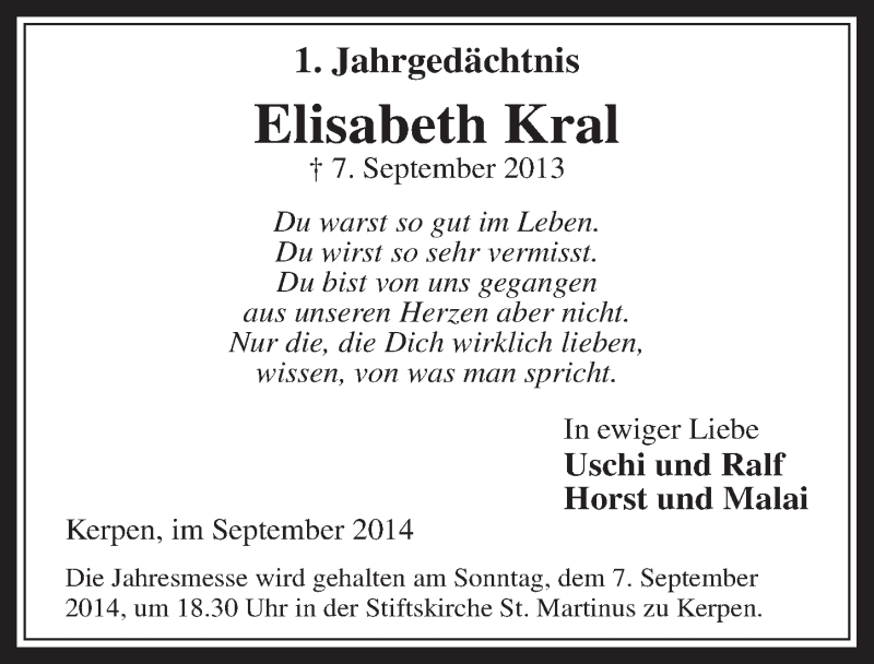  Traueranzeige für Elisabeth Kral vom 03.09.2014 aus  Werbepost 