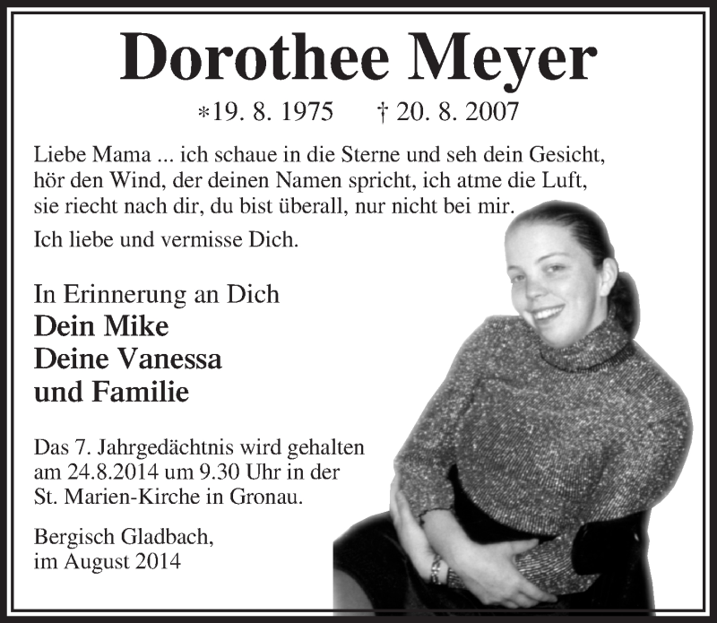  Traueranzeige für Dorothee Meyer vom 20.08.2014 aus  Bergisches Handelsblatt 