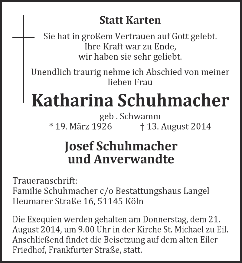  Traueranzeige für Katharina Schuhmacher vom 20.08.2014 aus  Kölner Wochenspiegel 