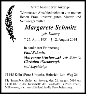 Anzeige von Margarete Schmitz von  Kölner Wochenspiegel 
