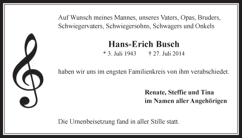  Traueranzeige für Hans-Erich Busch vom 20.08.2014 aus  Werbepost 