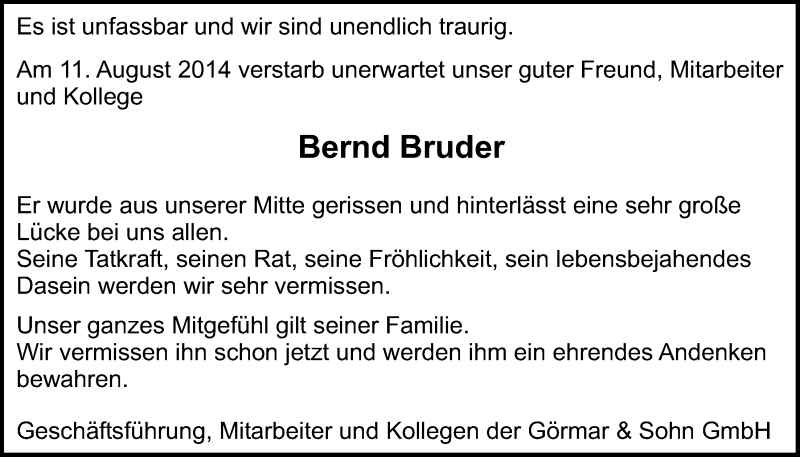  Traueranzeige für Bernd Bruder vom 20.08.2014 aus  Kölner Wochenspiegel 