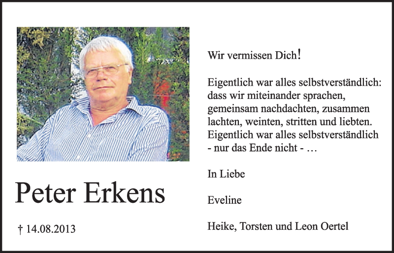  Traueranzeige für Peter Erkens vom 20.08.2014 aus  Schlossbote/Werbekurier 
