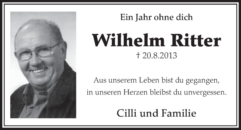  Traueranzeige für Wilhelm Ritter vom 20.08.2014 aus  Schlossbote/Werbekurier 