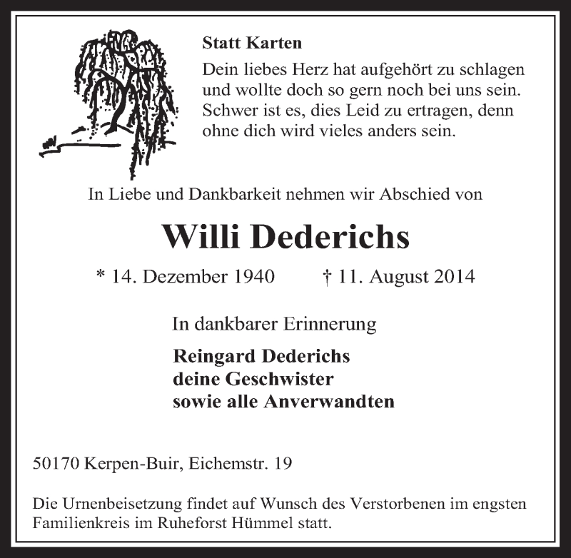  Traueranzeige für Willi Dederichs vom 20.08.2014 aus  Werbepost 