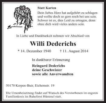 Anzeige von Willi Dederichs von  Werbepost 