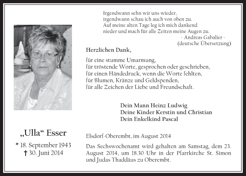  Traueranzeige für Ulla Esser vom 20.08.2014 aus  Werbepost 