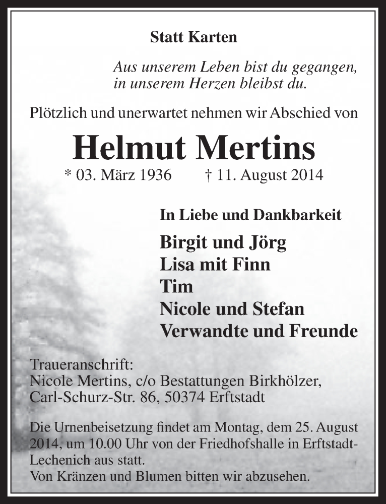  Traueranzeige für Helmut Mertins vom 20.08.2014 aus  Werbepost 
