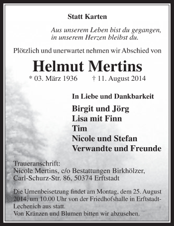 Anzeige von Helmut Mertins von  Werbepost 