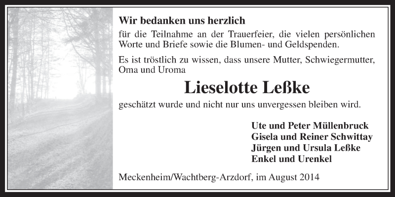  Traueranzeige für Lieselotte Leßke vom 20.08.2014 aus  Schaufenster/Blickpunkt 