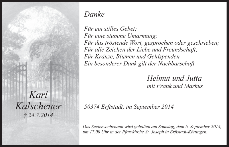  Traueranzeige für Karl Kalscheuer vom 03.09.2014 aus  Werbepost 